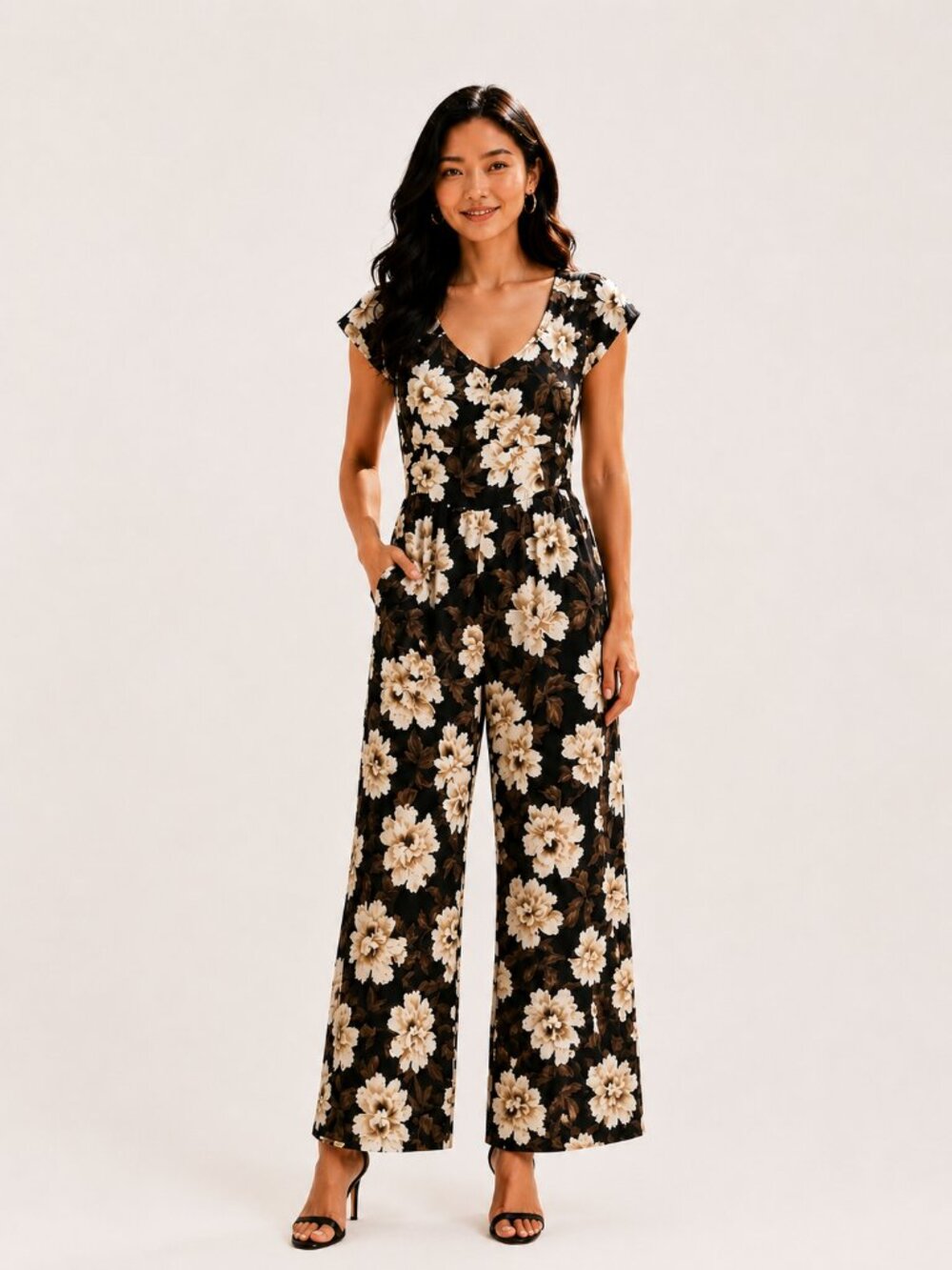 Old Navy Black, Cream & Brown Floral Print Wide-Leg Jumpsuit, Petite XL